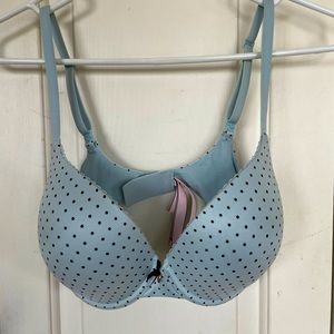 Baby blue with black polka dots